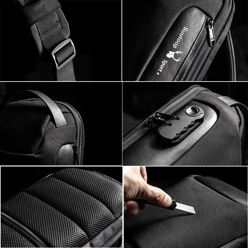 Front view: Men's compact anti-theft crossbody bag, showcasing zippers & USB charging port.