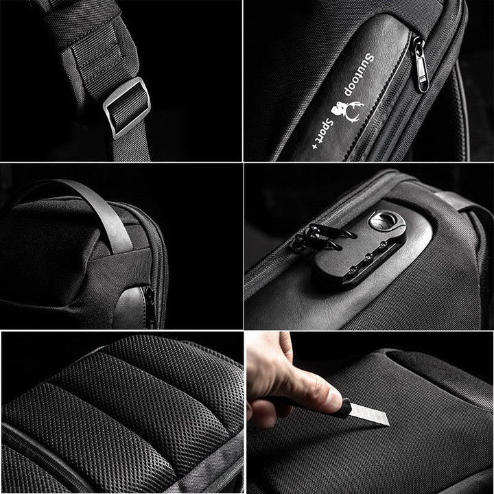 Front view: Men's compact anti-theft crossbody bag, showcasing zippers & USB charging port.