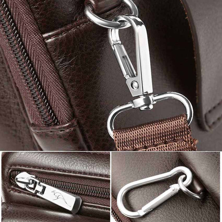 Sleek brown PU leather men's compact messenger bag. Great for daily essentials and travel.
