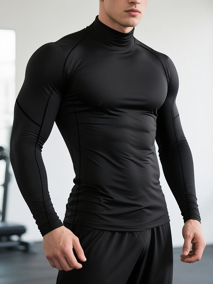 Warm men's thermal long sleeve with high collar, ideal fitted baselayer for winter & autumn comfort.