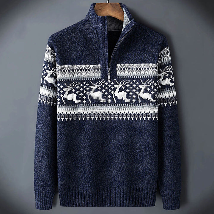 Men's cozy Fair Isle half-zip sweater, perfect for winter warmth. Long-sleeve knit pullover, festive style.