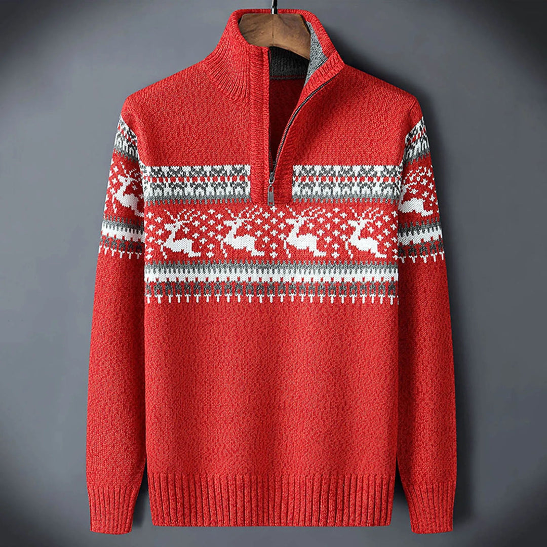 Warm men's Fair Isle half-zip sweater. Cozy knit pullover, long sleeves, ideal for casual winter wear.