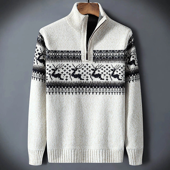 Festive men's Fair Isle half-zip sweater with long sleeves. Cozy knit for winter warmth and casual style.