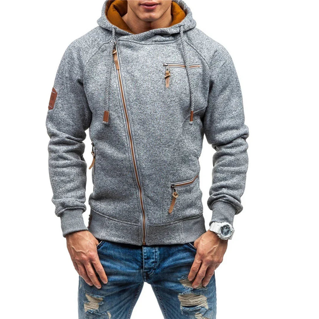 Men's cozy gray pullover hoodie with front pockets & adjustable hood for casual fall & winter comfort. Everyday loungewear.