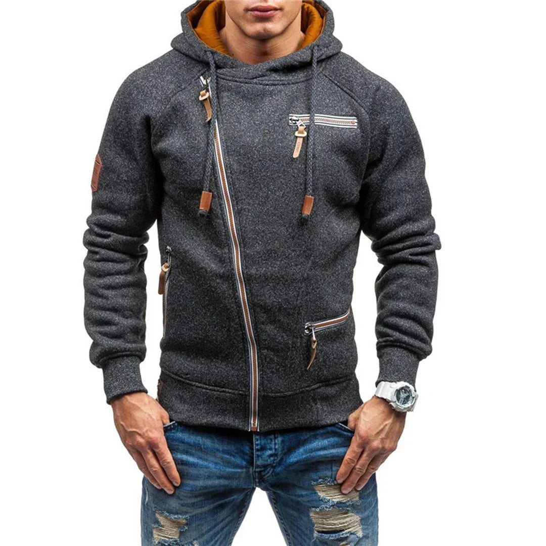 Men's casual gray pullover hoodie, ideal for fall & winter style. Features cozy fabric, pockets, and an adjustable hood.