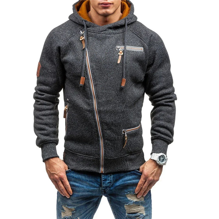 Men's casual gray pullover hoodie, ideal for fall & winter style. Features cozy fabric, pockets, and an adjustable hood.