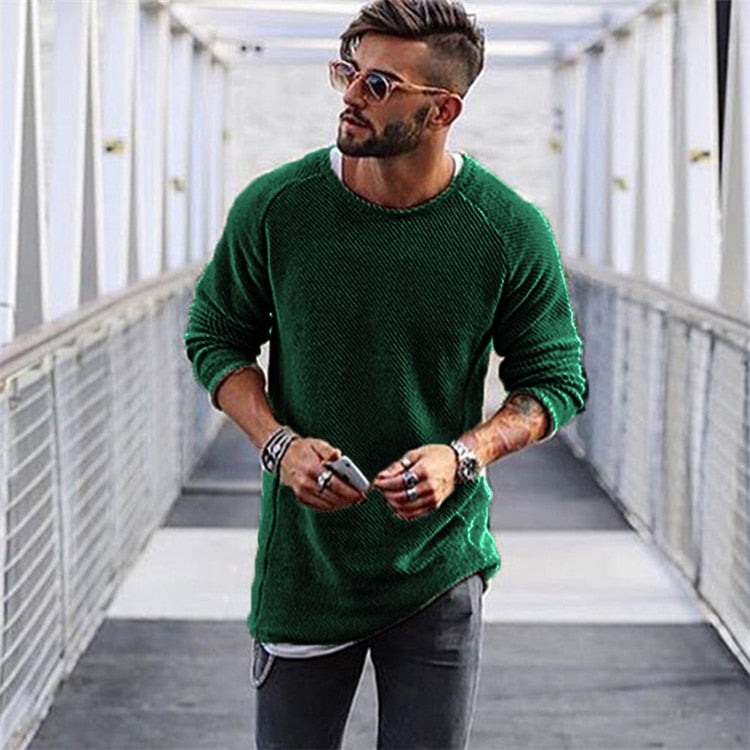Men's cozy knit long sleeve pullover sweater for ultimate warmth & casual fall fashion. Perfect winter essential.