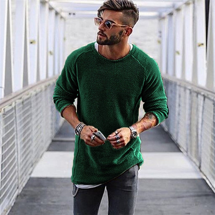 Men's cozy knit long sleeve pullover sweater for ultimate warmth & casual fall fashion. Perfect winter essential.