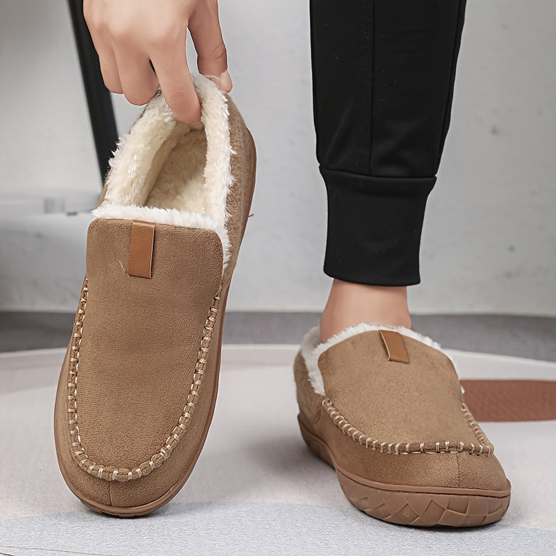 Relaxation-focused men's house shoes, non-slip and warm with luxurious sheepskin lining.