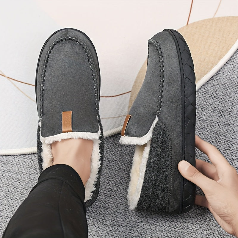 Men's sheepskin-lined slip-on slippers, offering ultimate warmth and non-slip safety.