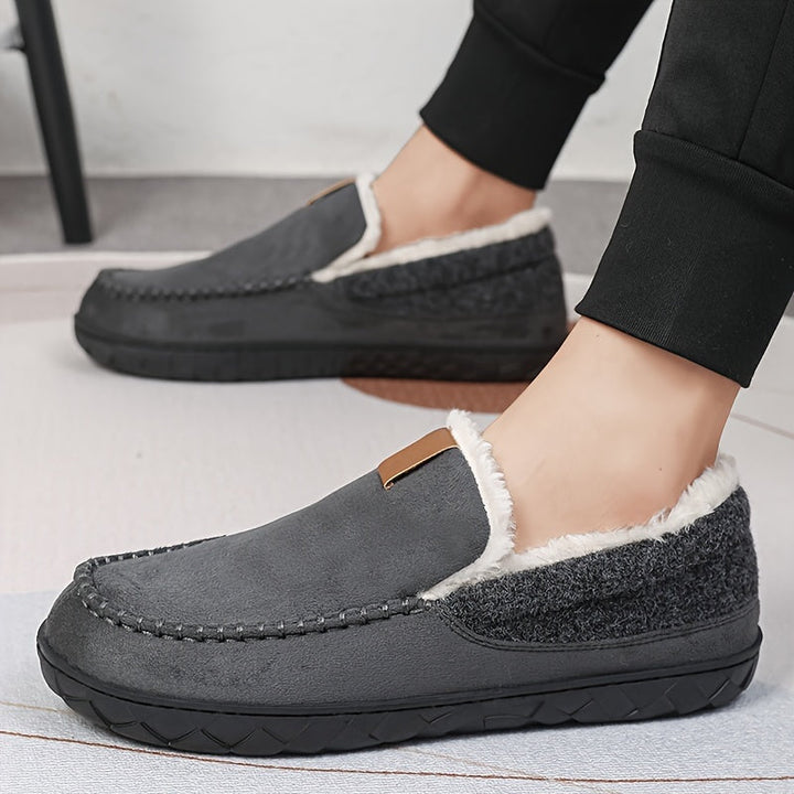 Premium men's cozy comfort slippers with sheepskin for warmth & non-slip indoor use.