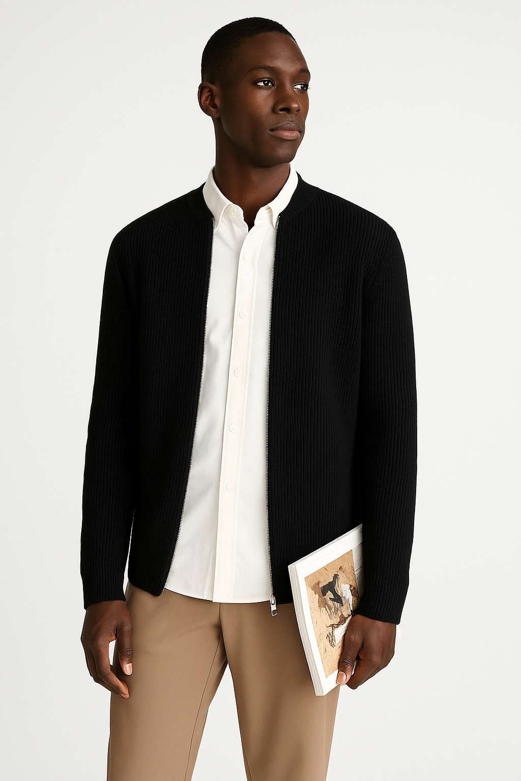Stylish men's ribbed zip-up sweater with a stand collar. Cozy knitwear for comfortable fall & winter layering.