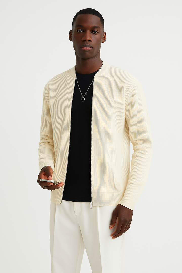 Man wearing a comfortable ribbed zip-up sweater, ideal for stylish fall fashion & everyday casual layering.