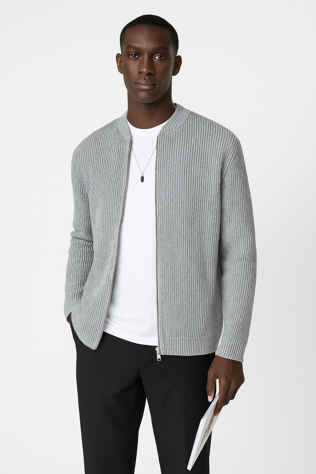 Soft, cozy men's ribbed knit zip-up sweater. Comfortable and warm for casual fall & winter everyday wear.