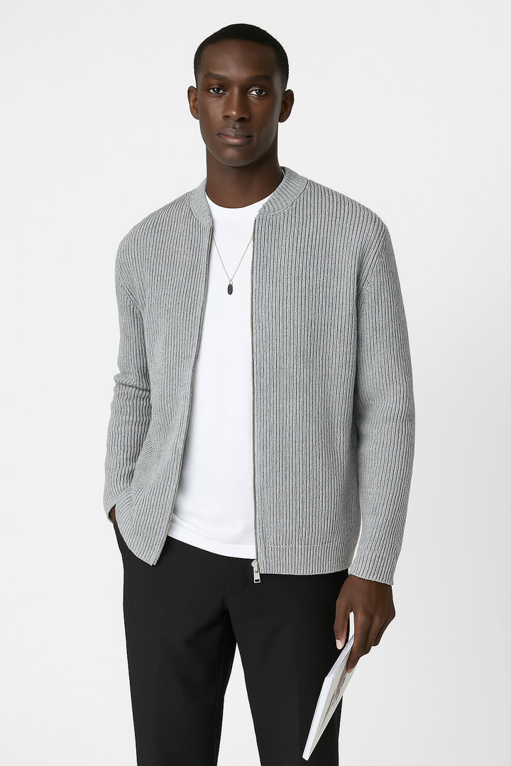 Soft, cozy men's ribbed knit zip-up sweater. Comfortable and warm for casual fall & winter everyday wear.