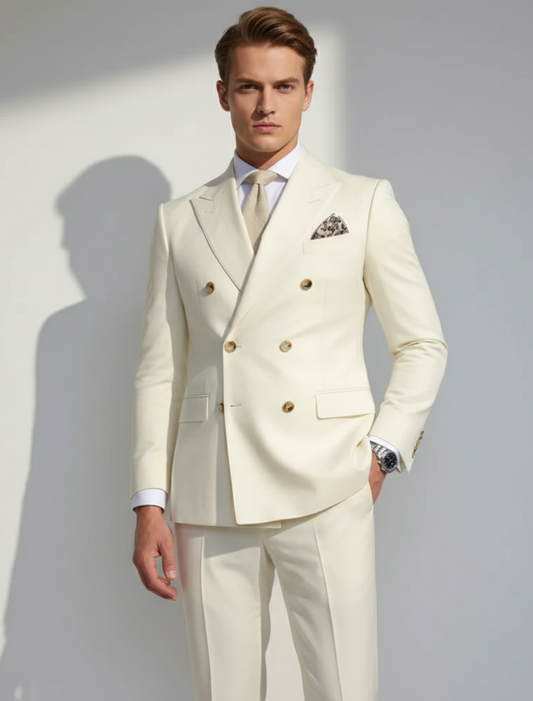 Men's cream double-breasted spring suit set, tailored for an elegant and formal menswear look.
