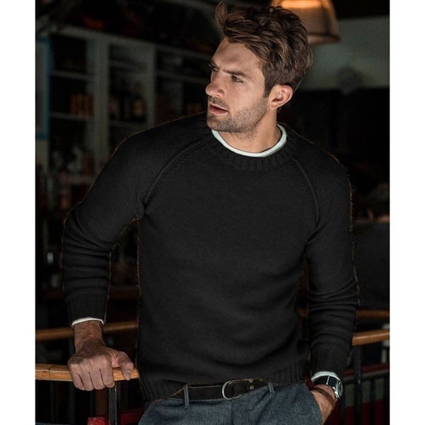 Soft knit men's crew neck sweater, featuring comfortable raglan sleeves. Versatile & stylish casual pullover.