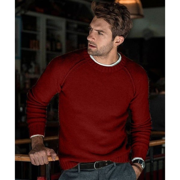 Men's crew neck knit sweater with distinctive raglan sleeves. Comfortable and stylish casual pullover.