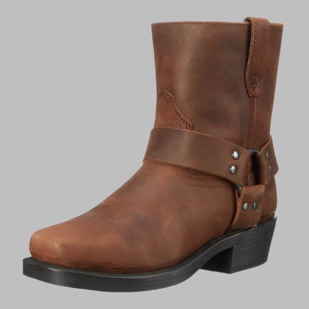 Men's dark brown vintage leather western ankle boots with slip-on design, ideal for casual fashion.