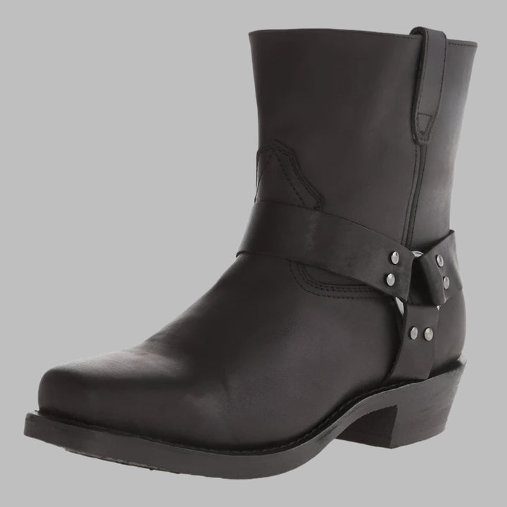 Black men's vintage style leather western ankle boots, perfect casual footwear for men's fashion.