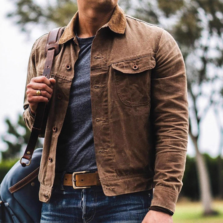 Men's dark brown vintage lightweight utility jacket with practical pockets, ideal for casual spring & fall outerwear.