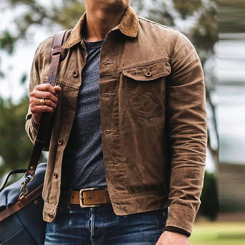 Stylish men's dark brown vintage utility jacket. Lightweight casual outerwear with multiple practical pockets for spring & fall.