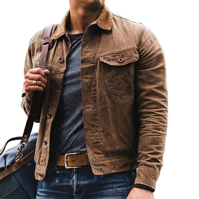 Men's vintage dark brown jacket, lightweight utility design with practical pockets. Great casual outerwear for spring & fall.