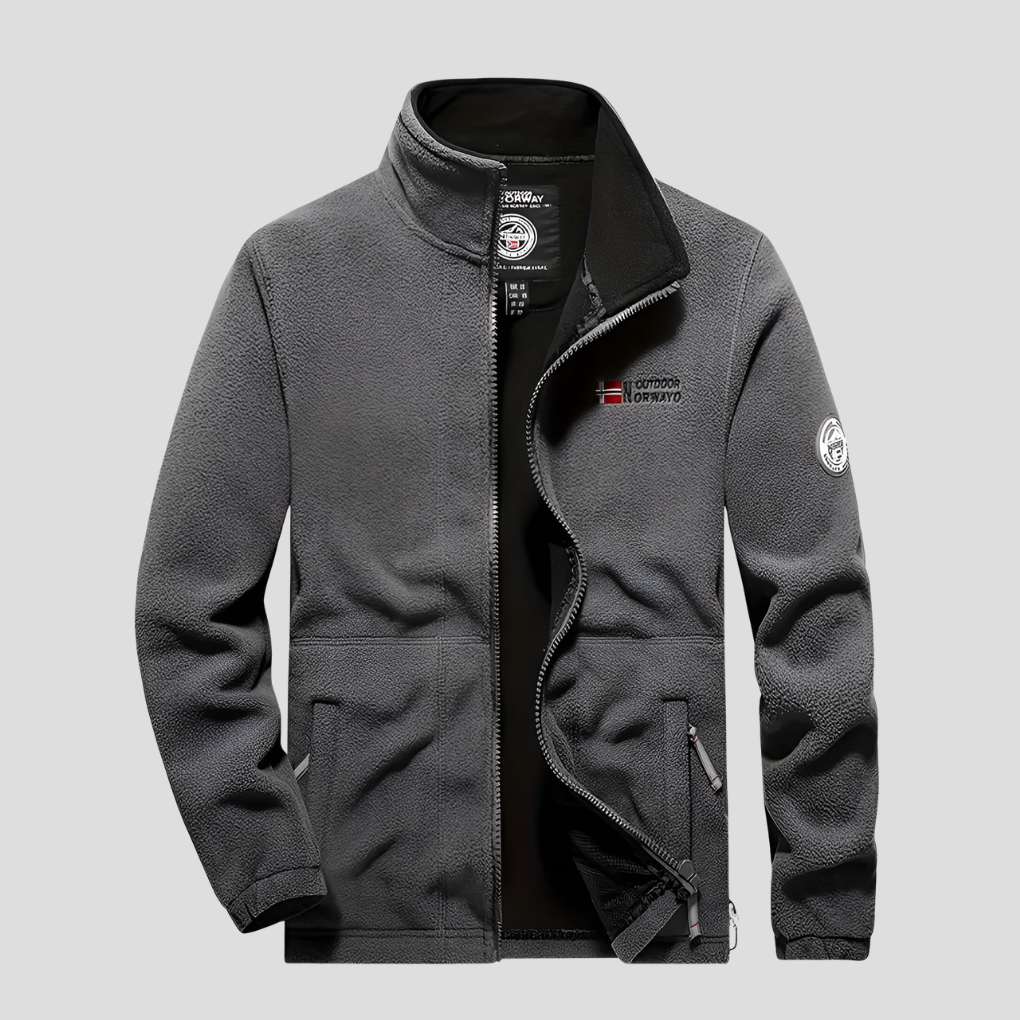 Men's dark gray full-zip fleece jacket for casual outdoor wear, warm & breathable for hiking & layering.