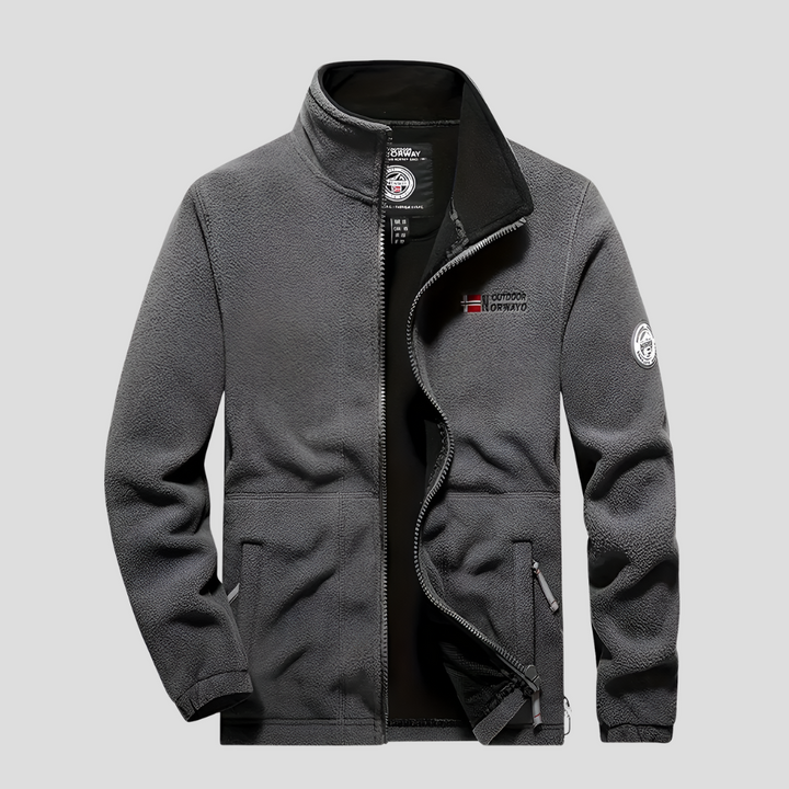 Men's dark gray full-zip fleece jacket for casual outdoor wear, warm & breathable for hiking & layering.