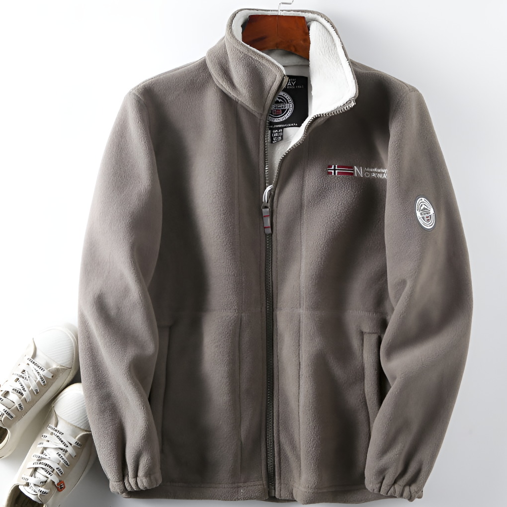 Khaki men's full-zip fleece jacket, ideal for fall & winter hiking, warm layering & outdoor adventures.