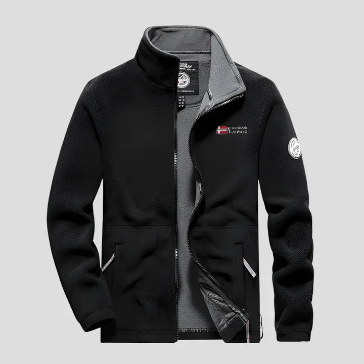 Black men's casual full-zip fleece jacket, soft, warm & breathable, perfect for everyday wear & outdoor activities.