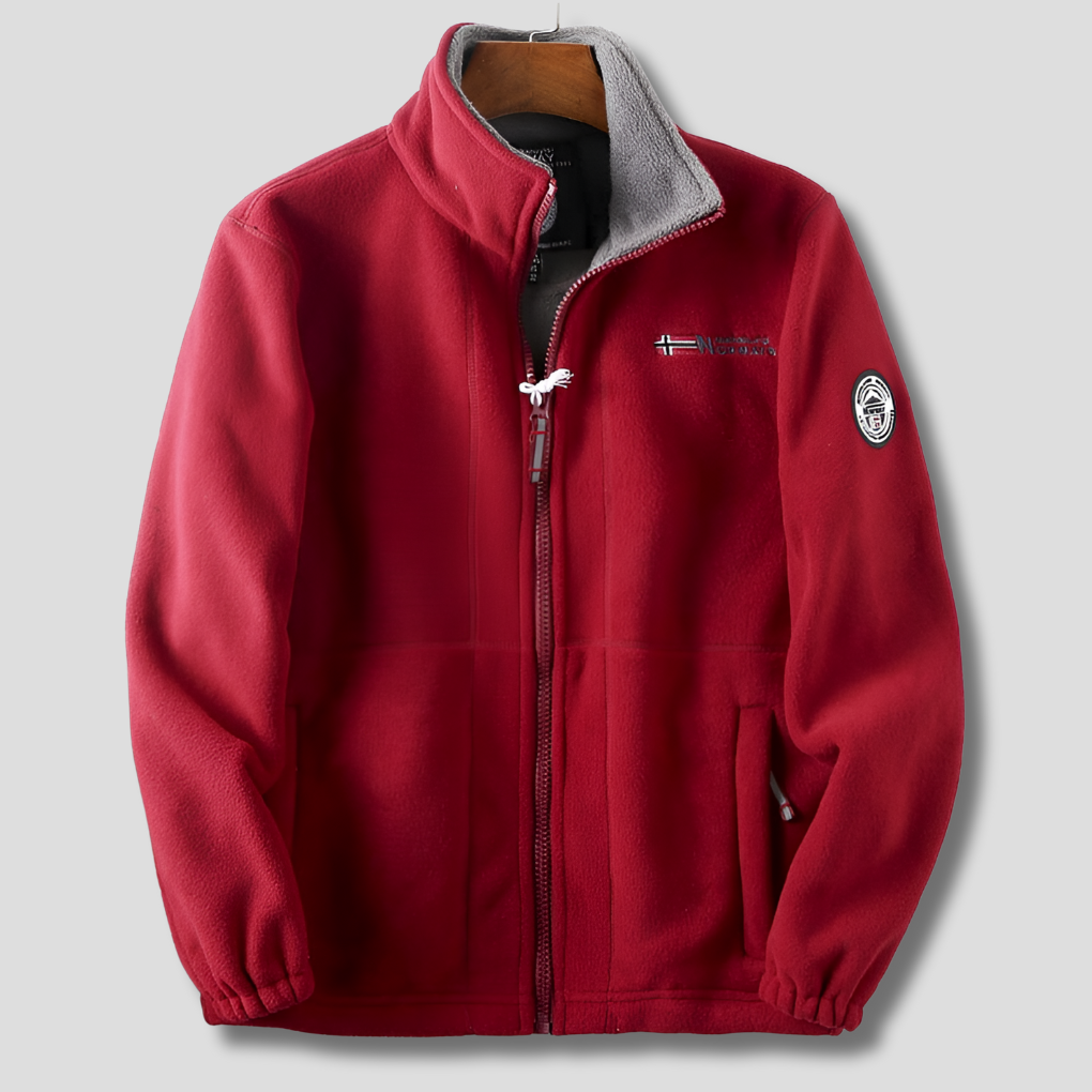 Vibrant red men's outdoor fleece jacket, full-zip for easy layering, warm & breathable for casual hiking.