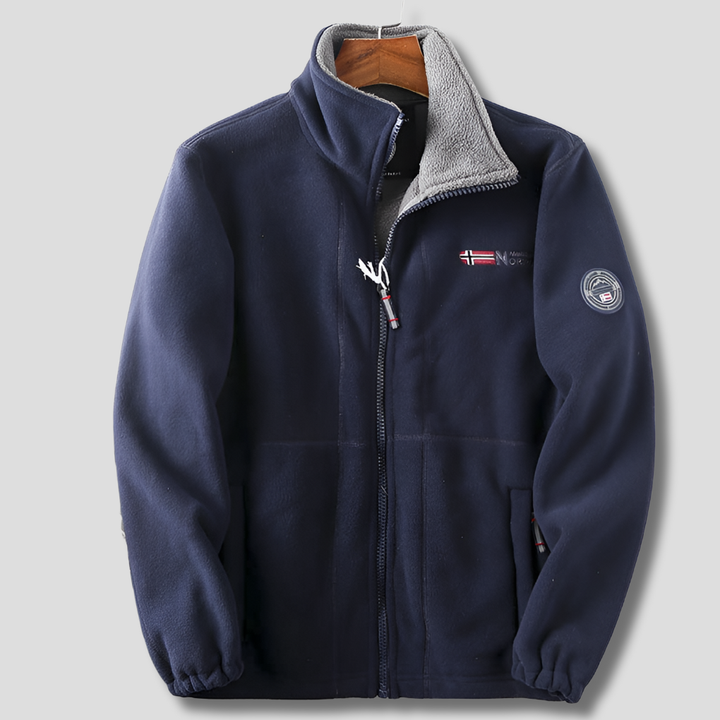 Navy blue men's warm fleece jacket, full-zip design, breathable & comfortable for outdoor adventures & casual layering.