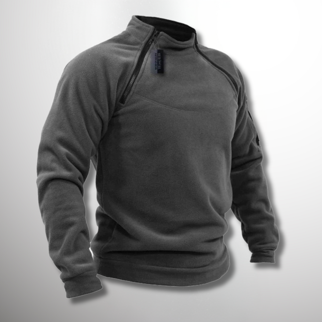 Men's dark grey tactical quarter zip mock neck sweater, ideal for fall & winter layering.
