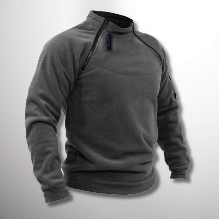 Men's dark grey tactical quarter zip mock neck sweater, ideal for fall & winter layering.