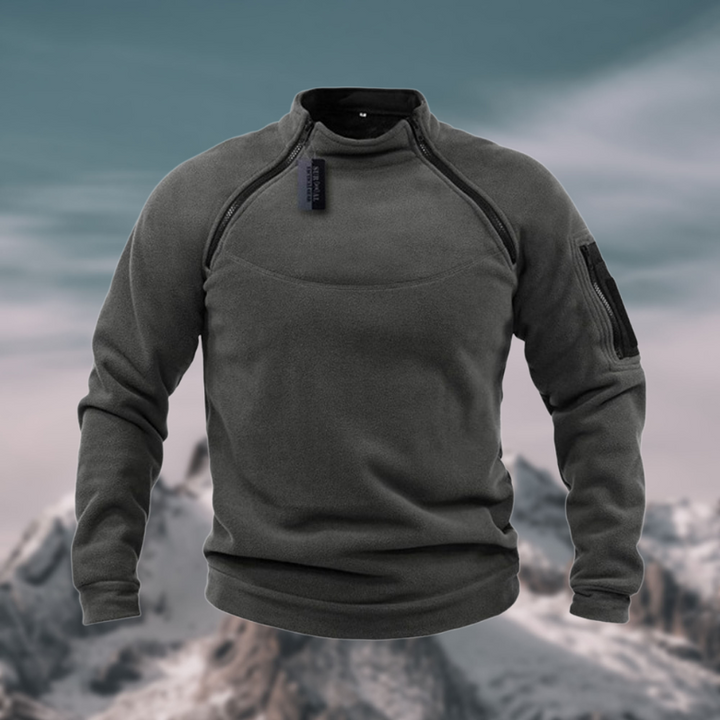 Beige men's casual long sleeve pullover sweater with quarter zip mock neck, versatile.