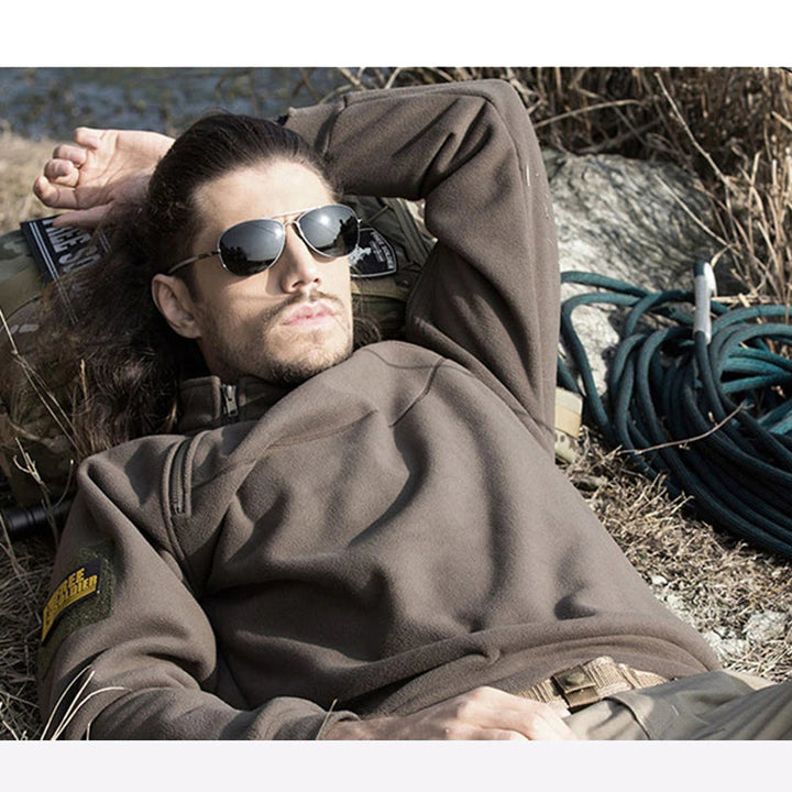 Military green tactical men's quarter zip sweater with mock neck for versatile fall & winter style.