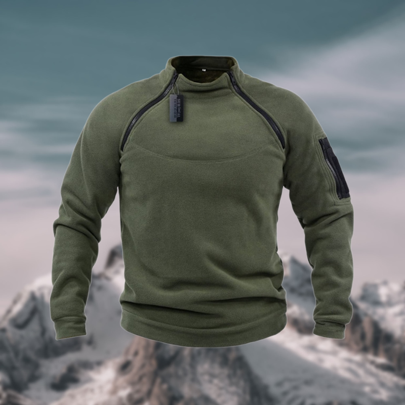 Brown men's tactical long sleeve sweater, featuring quarter zip and mock neck for cool weather.
