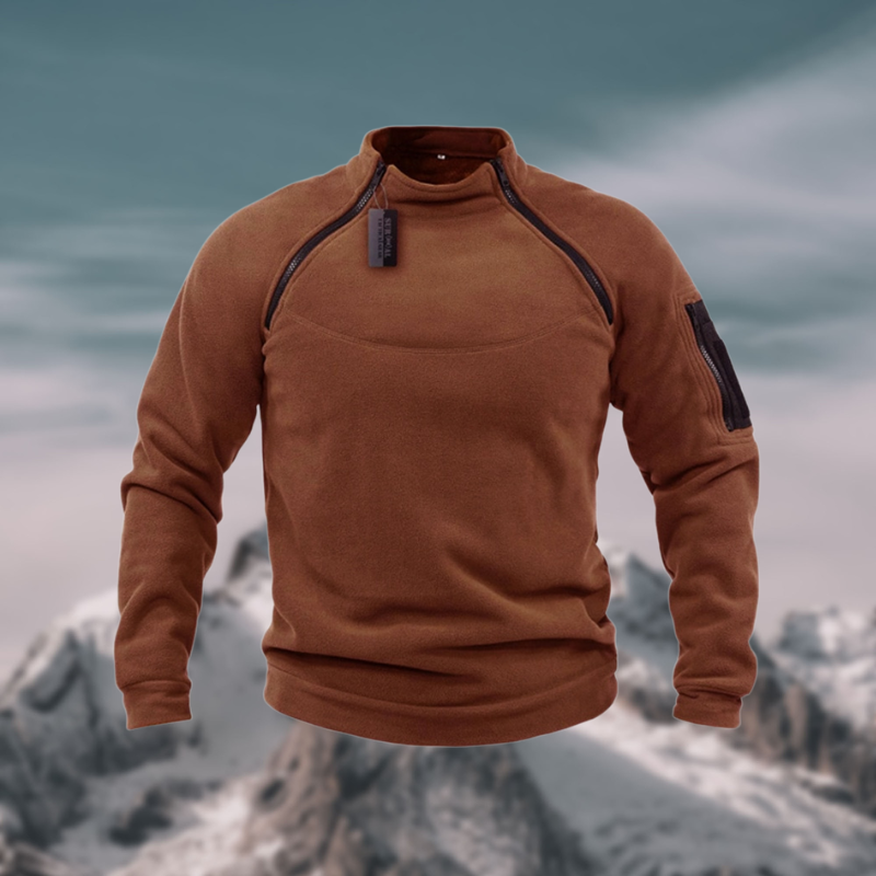 Casual dark grey men's quarter zip sweater with a mock neck, comfortable long sleeve pullover.