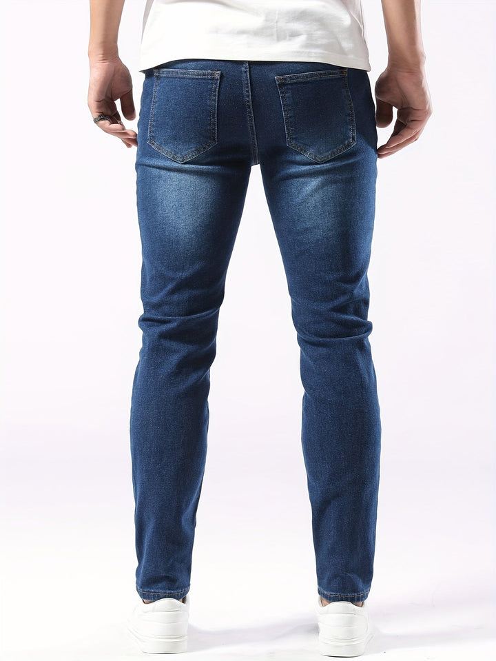 Versatile black men's stretch denim jeans, slim fit for a modern casual style & easy comfort.