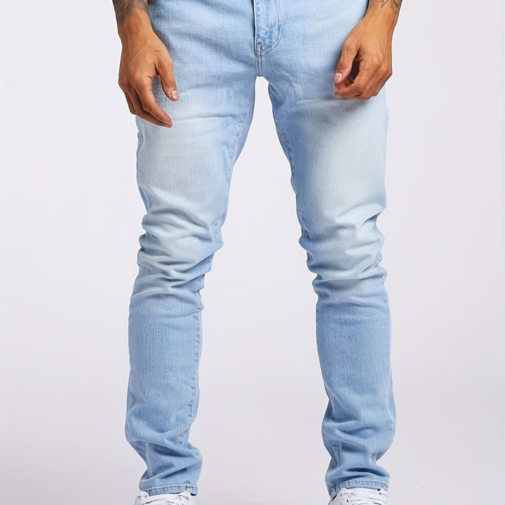 New men's slim fit stretch jeans, deep blue denim for a comfortable & stylish modern casual look.