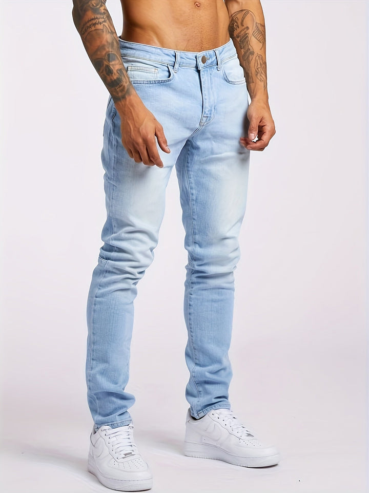 Casual light blue men's stretch denim jeans, slim fit design for comfort & modern versatility.