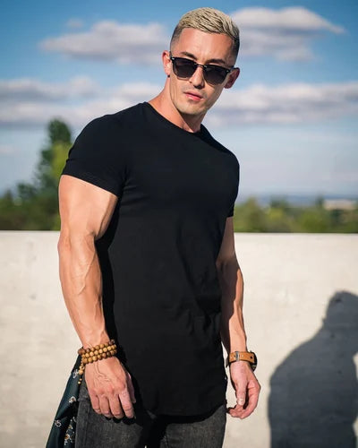 Men's athletic fit deep cut t-shirt, stretchy & comfortable, ideal for activewear.