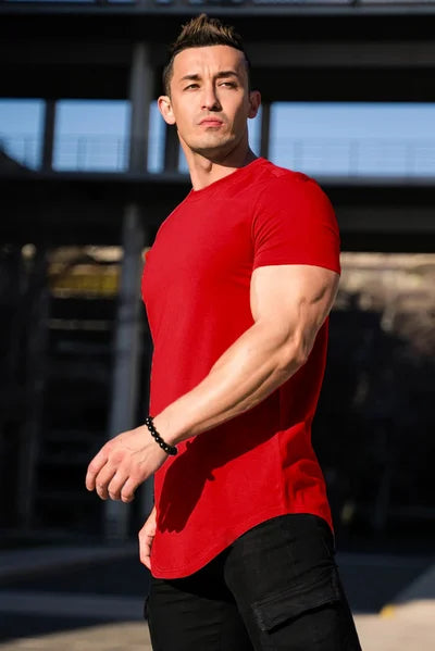 Deep cut men's essential tee, comfortable stretch fabric & athletic fit for modern everyday style.