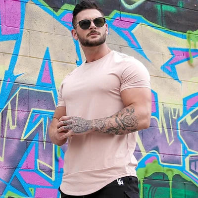 Stylish men's deep cut tee, modern short sleeve crew neck, perfect for casual wear.
