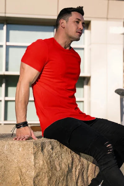 Deep cut crew neck men's stretch t-shirt, athletic fit for modern casual style.