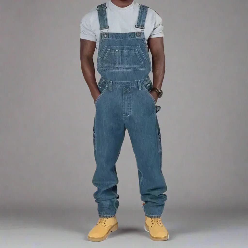 Stylish men's denim overall, straight fit dungarees perfect for casual wear & versatile streetwear fashion.