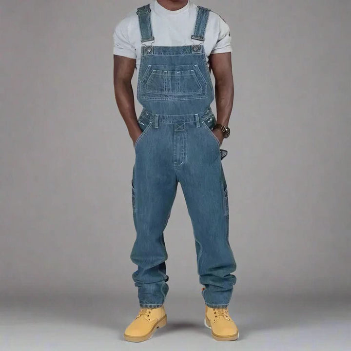 Stylish men's denim overall, straight fit dungarees perfect for casual wear & versatile streetwear fashion.