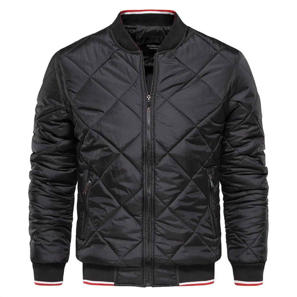 Men's zip-front bomber jacket with diamond quilting, ideal for fall fashion & winter warmth.