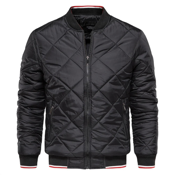 Men's zip-front bomber jacket with diamond quilting, ideal for fall fashion & winter warmth.